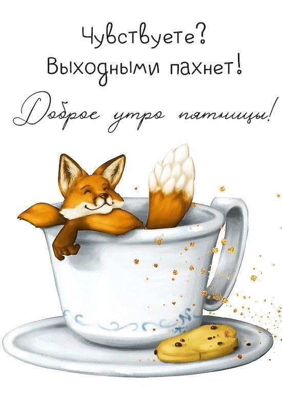 Лиса в чашке открытка Доброе утро пятницы