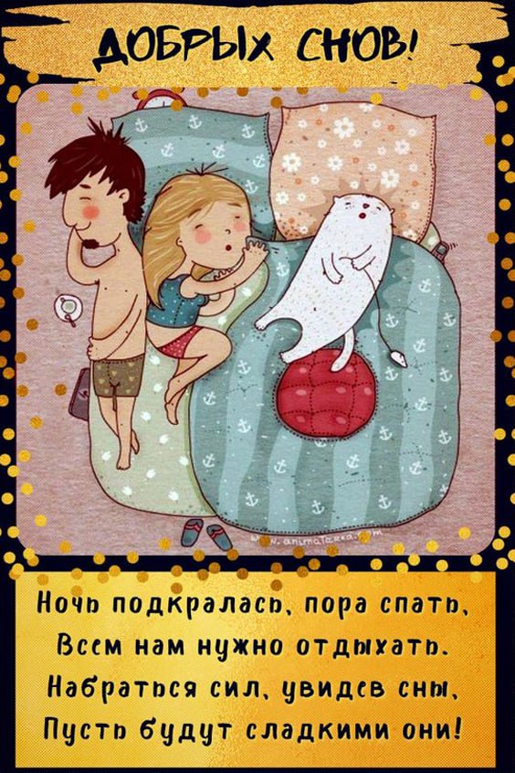 Парень, девушка и кот на кровати спят открытка Добрых снов
