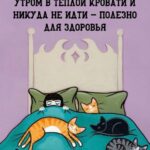 Картинка где девочка лежит с тремя котами на кровати