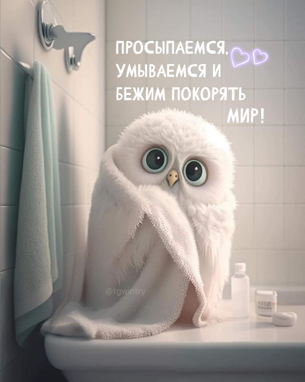 Совенок в белом полотенце Открытка 1157 Просыпаемся