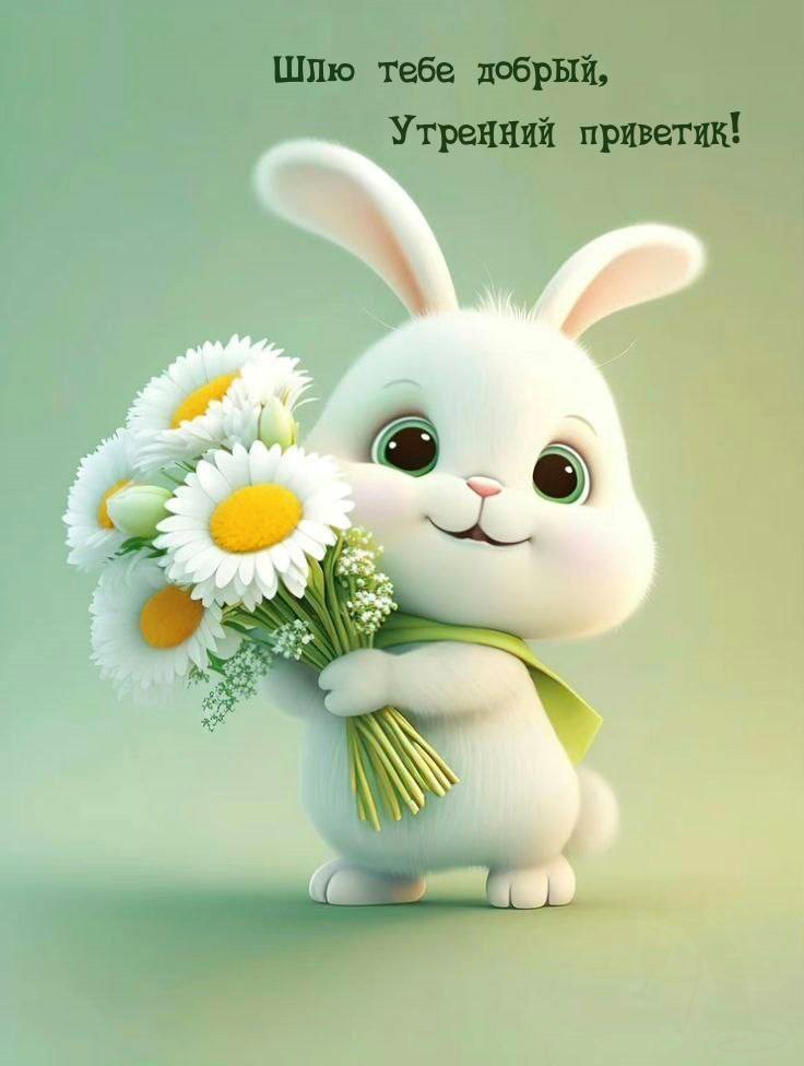 Кролик с ромашками на открытке Привет