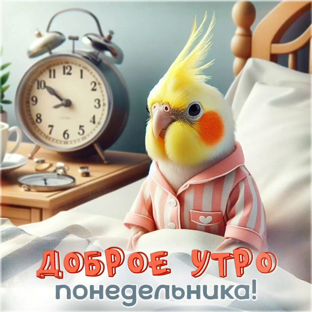 Открытка доброе утро с попугаем Попугайчик в пижаме с будильником