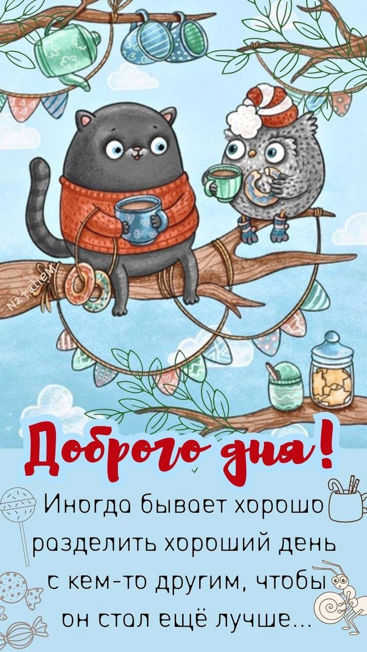 Открытка с котом и совой на дереве Кот и сова на ветке