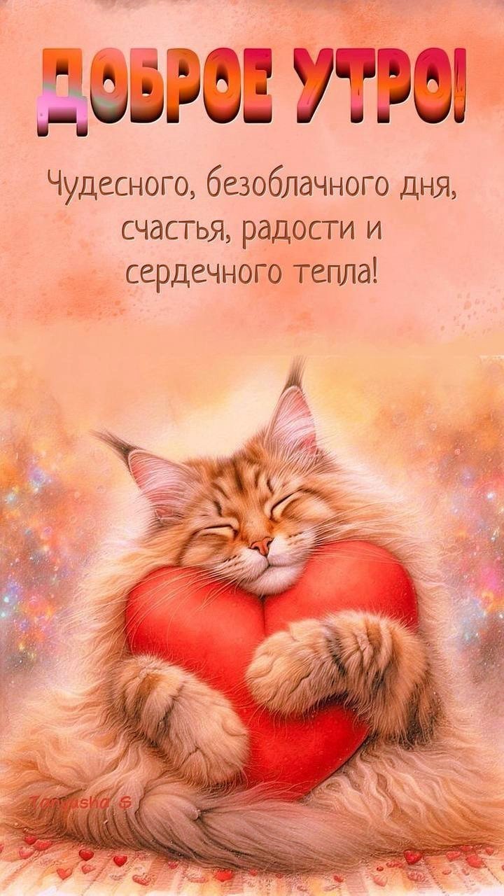 Кот с красным сердцем и добрым утром