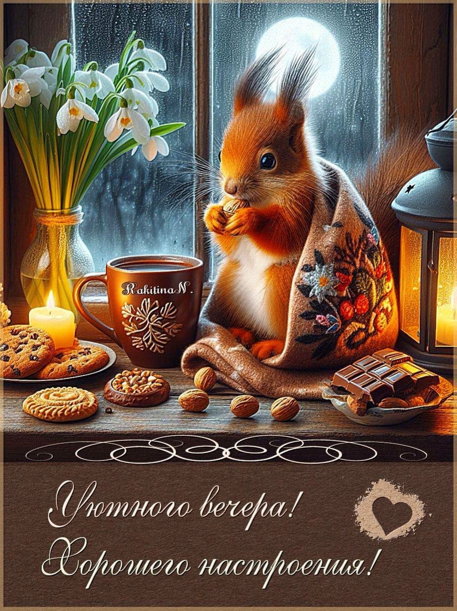 Открытка хорошего вечера с белочкой Белочка