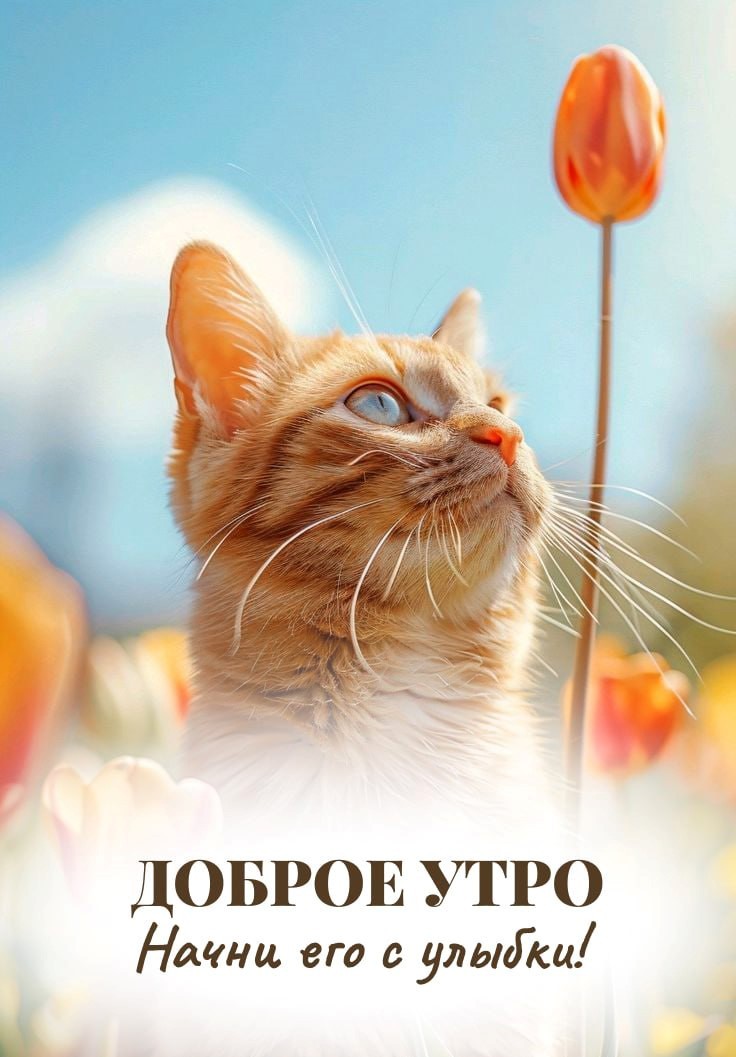 Открытка доброе утро с котом Рыжий кот в тюльпанах улыбнись