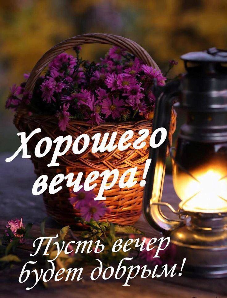 Открытка хорошего вечера с цветами Корзина цветов хорошего вечера