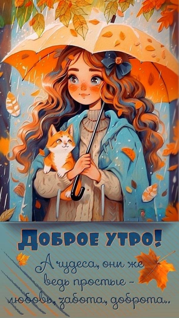 Открытка с девушкой и котенком доброе утро Девочка под оранжевым зонтом
