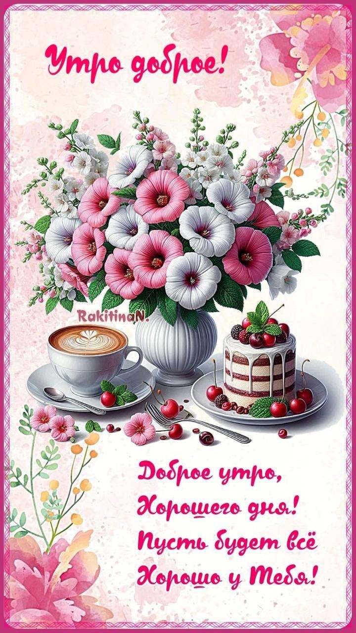 Ваза с цветами, чашка кофе с тортом