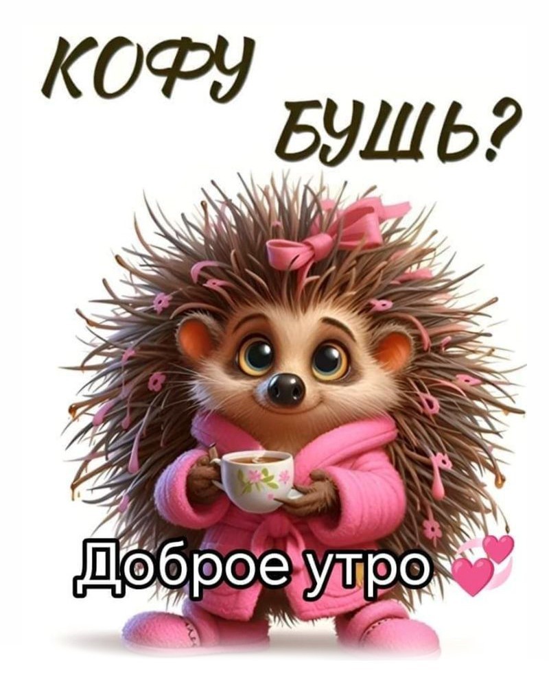 Милый ёжик в розовом халате с кофе