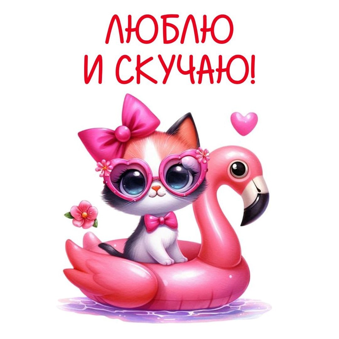 Открытка с кошечкой скучаю Милая кошечка в очках на надувном фламинго