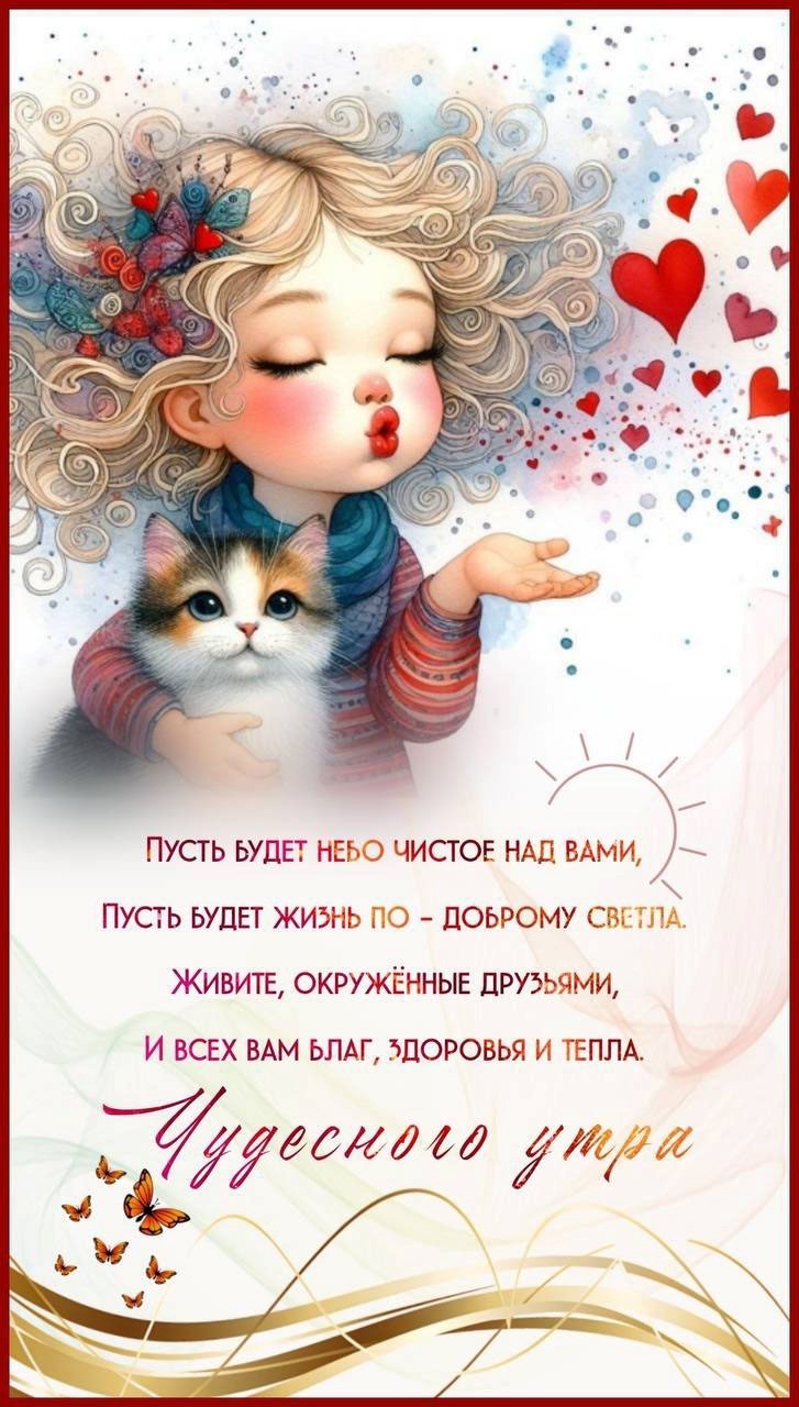 Девочка с милым котиком и сердечками