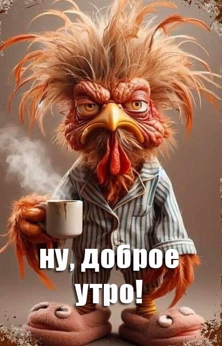 прикольная открытка с петухом доброе утро Уставший петух с кофе