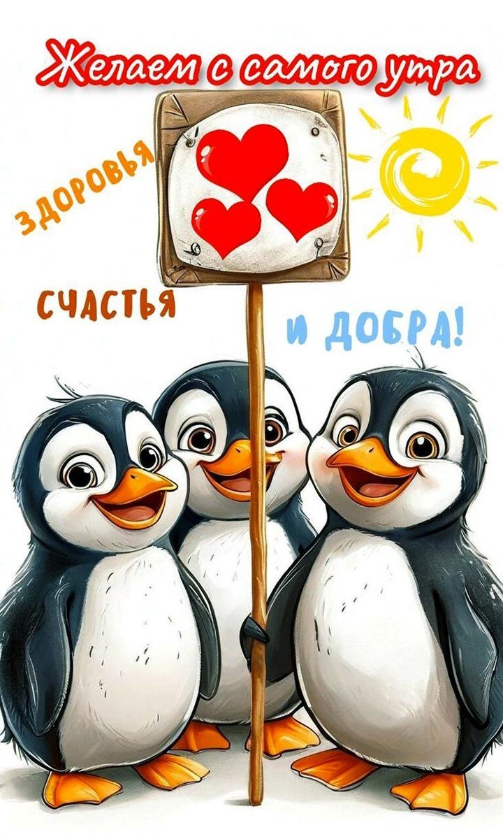 Пингвины держат табличку с сердечками
