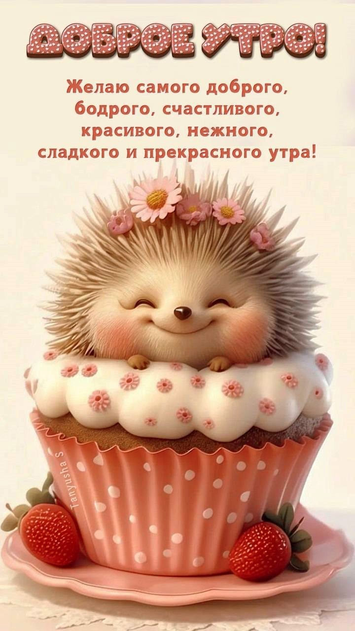 Открытка доброго утра с ёжиком Милый ёжик с кексом