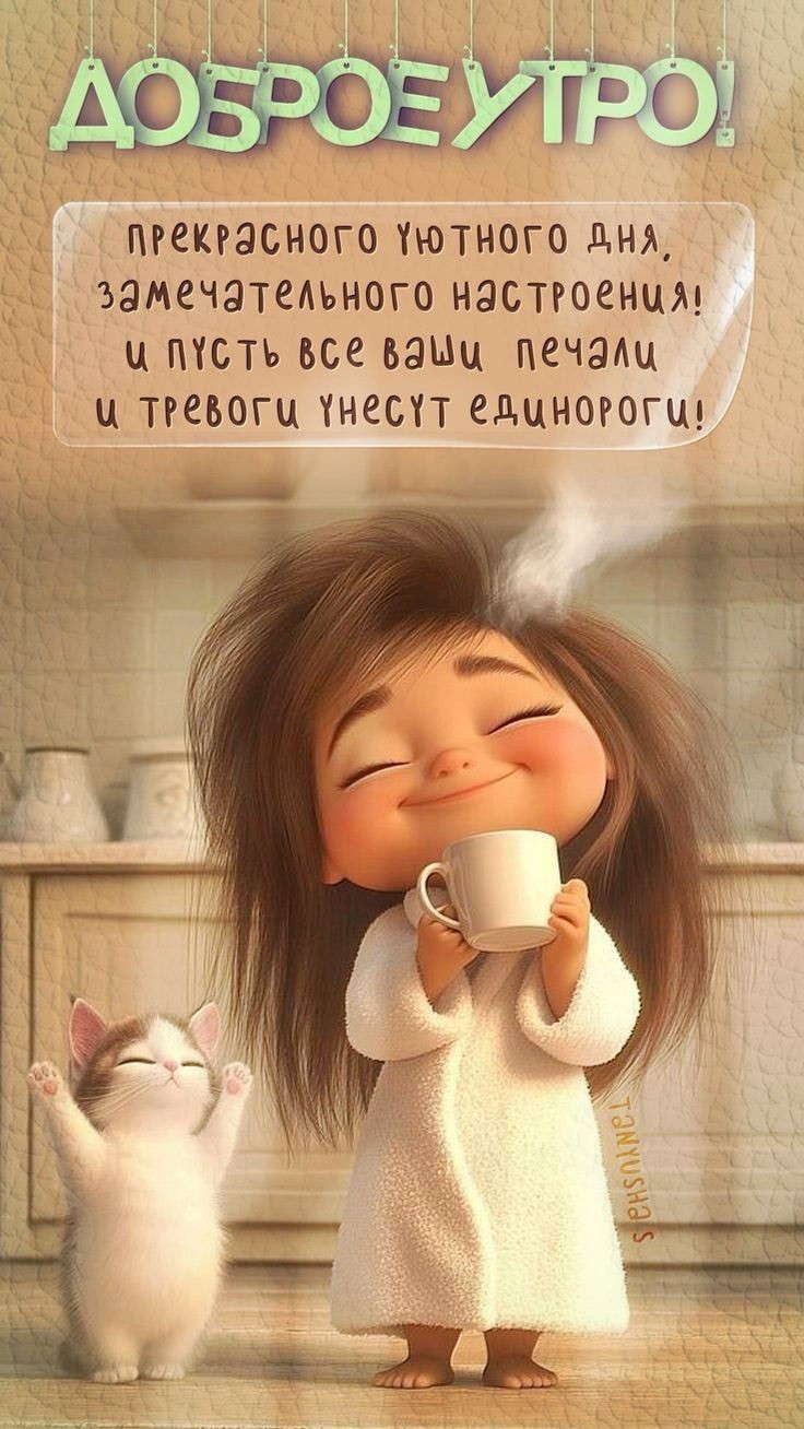 Девушка с котом утром пьют кофе