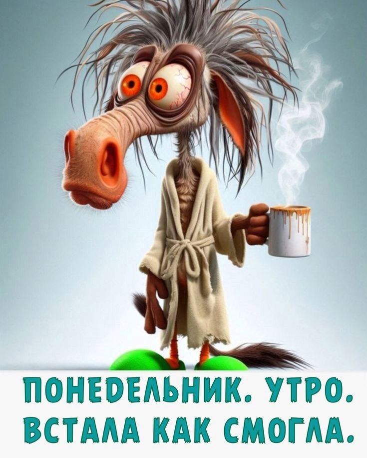 Открытка на понедельник утро с конем Уставшая лошадь с кофе