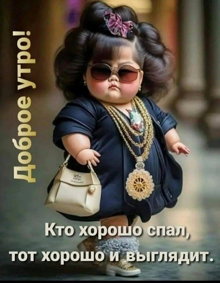 Открытка доброе утро с серьезной девочкой Толстенькая маленькая девочка одета как взрослая