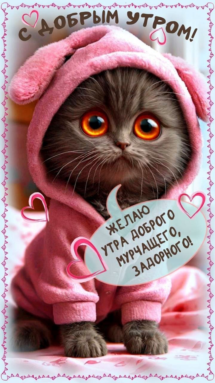 Открытка С добрым утром с милым котиком Черный котенок в пижаме с ушками