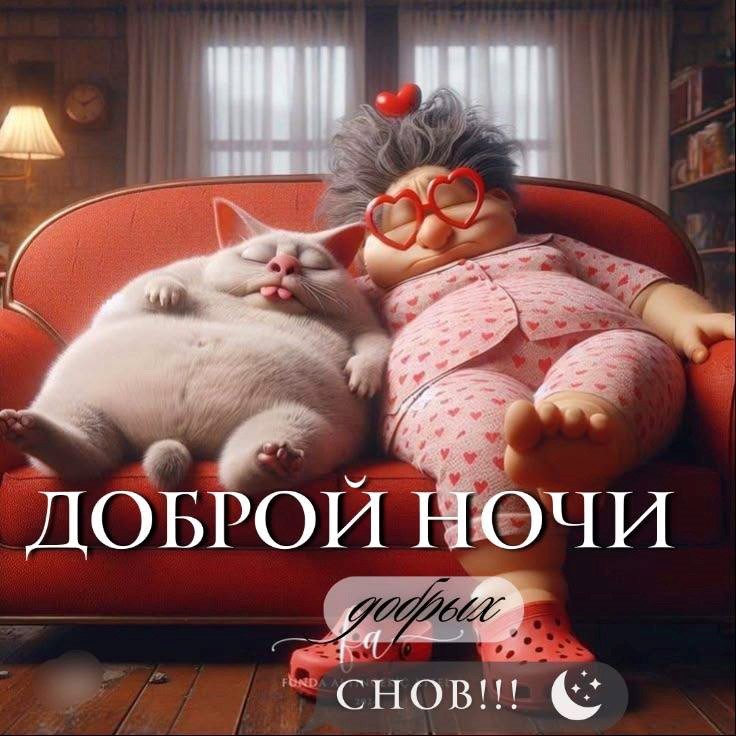 Бабулечка и кот спят на диване и желают доброй ночи