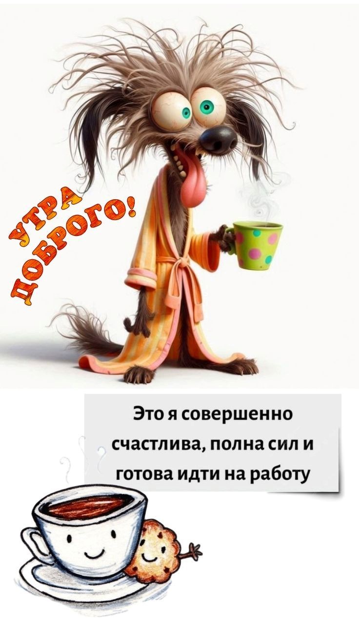 Открытка доброго утра с собакой Смешная собака в халате с зеленой кружкой