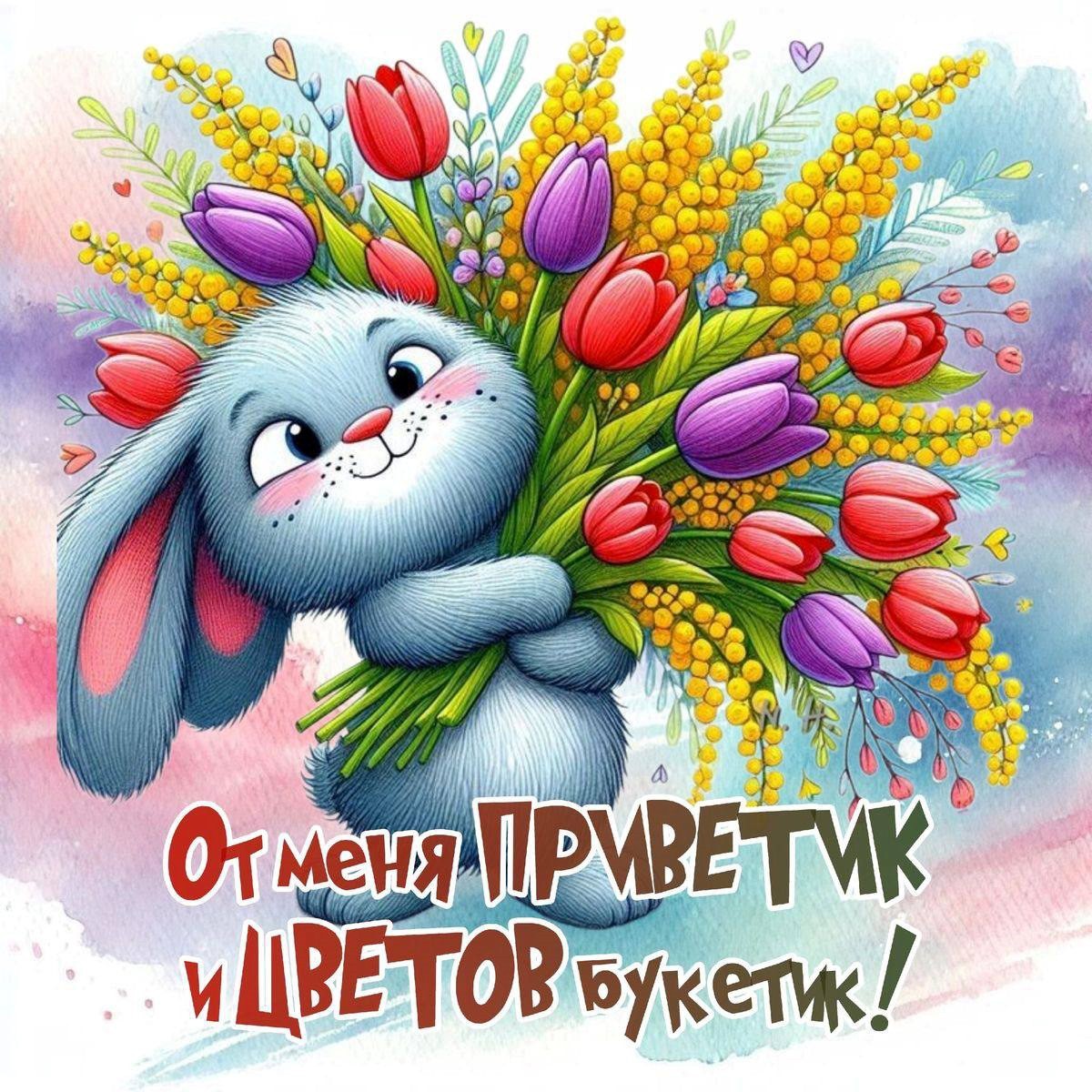 Зайчик с букетом тюльпанов
