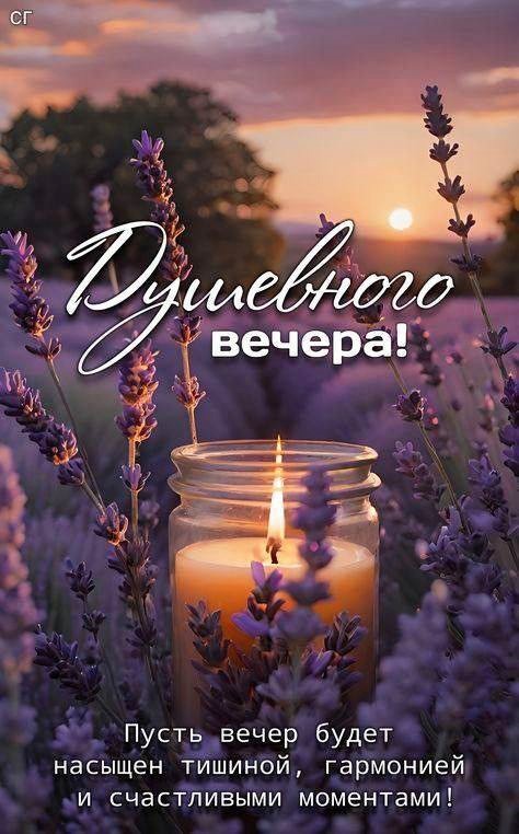 Открытка хорошего вечера с закатом Романтичный вид: Свеча, цветочное поле, закат