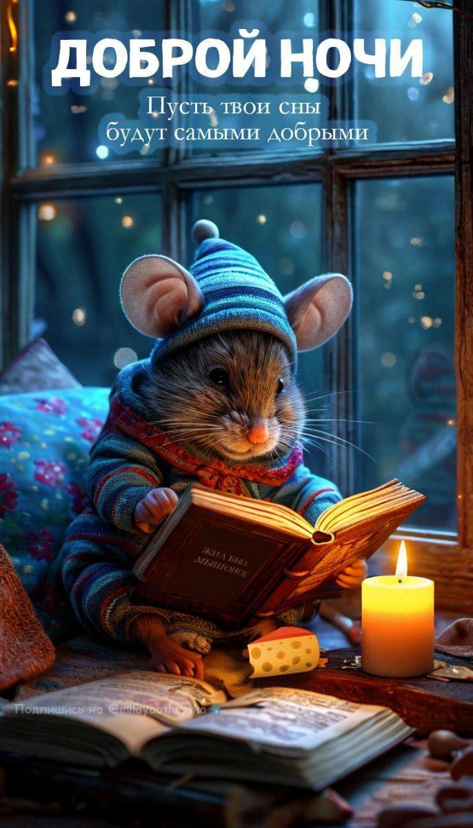 Мышонок в шапке читает книгу