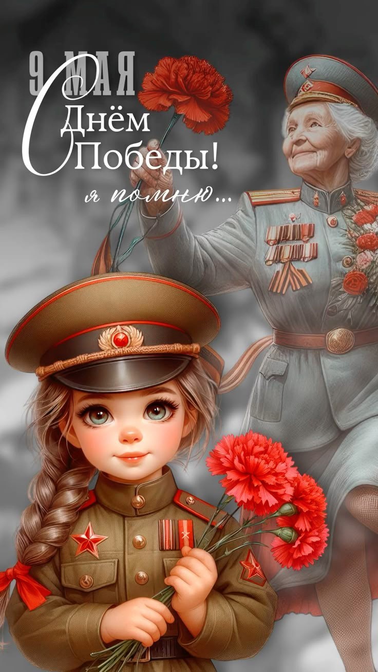 С Днем Победы Открытка на 9 мая девочкой Девочка в солдатской форме и с гвоздиками