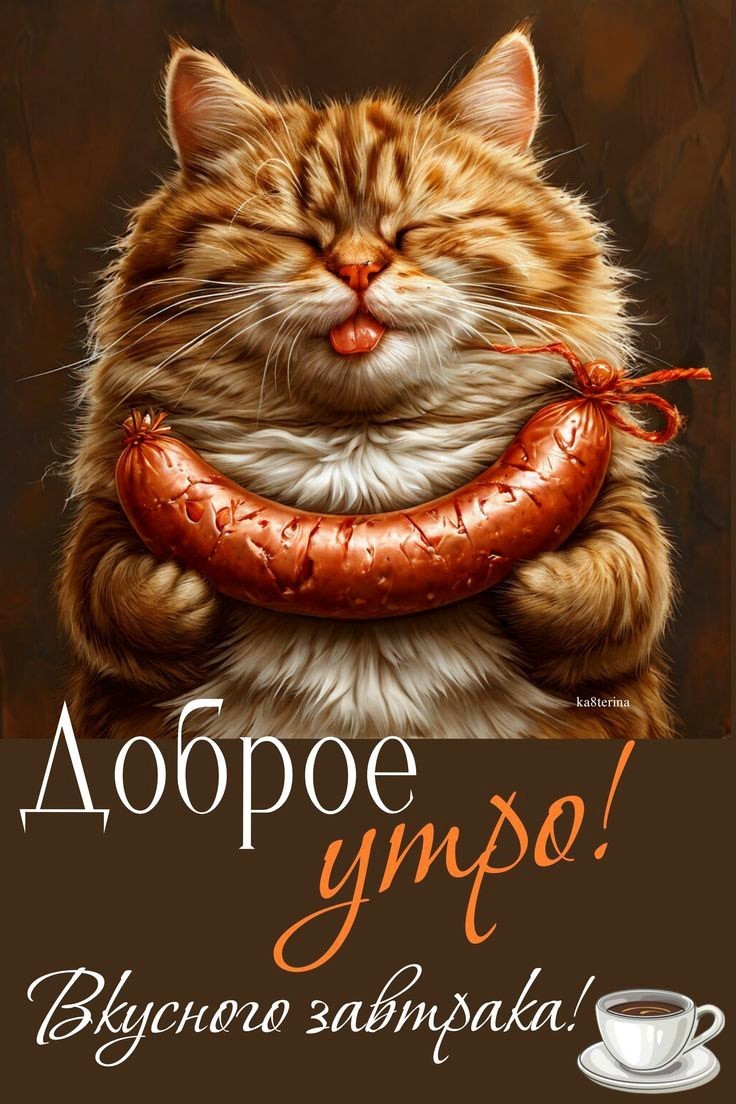 Толстый кот держит колбасу на картинке с добрым утро