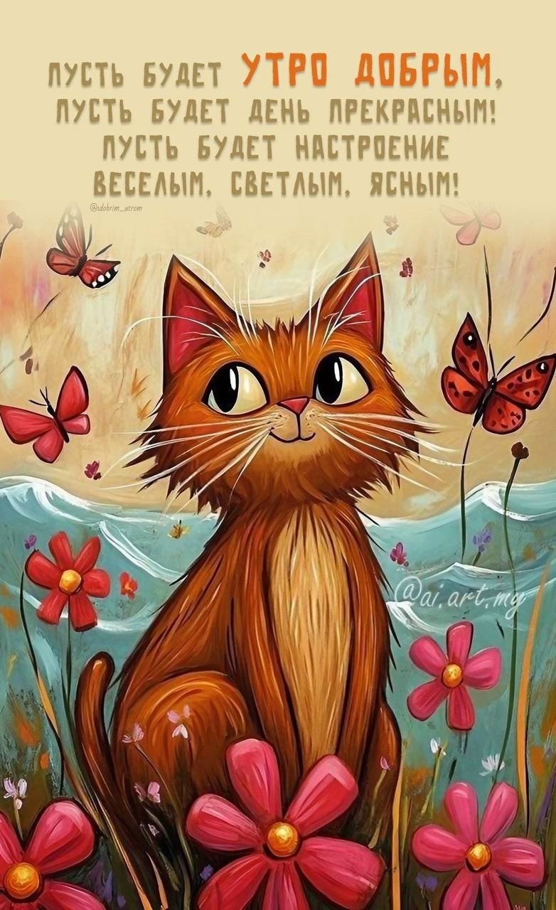 Котик среди бабочек на картинке с добрым утром
