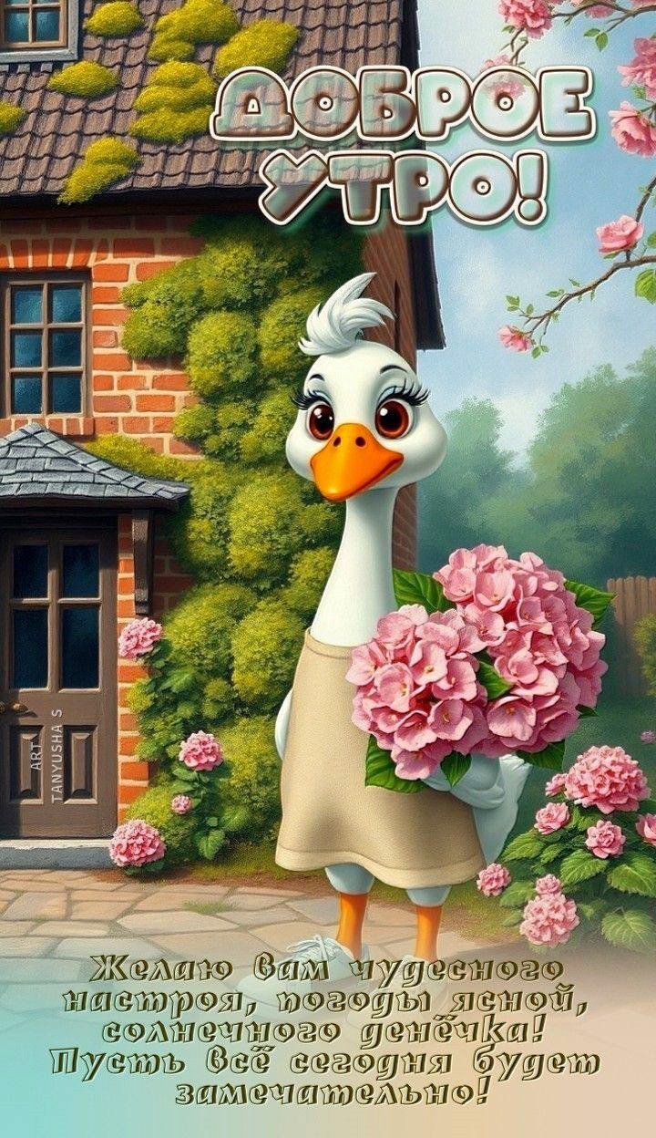 Открытка С добрым утром птичкой и цветами Гуска с цветами желает доброго утра