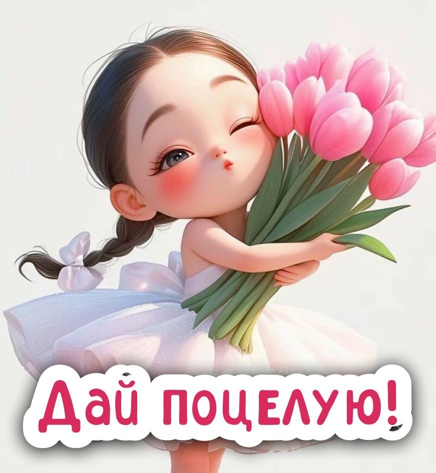 Девочка с цветами посылает поцелуй
