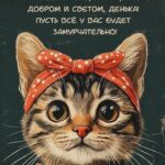 Милая кошечка с красной повязкой на голове на открытке с добрым утром