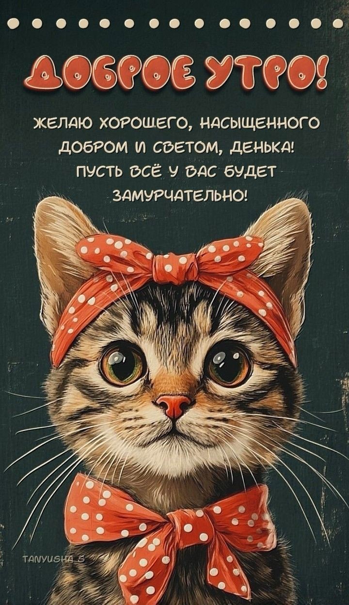 Милая кошечка с красной повязкой на голове на открытке с добрым утром
