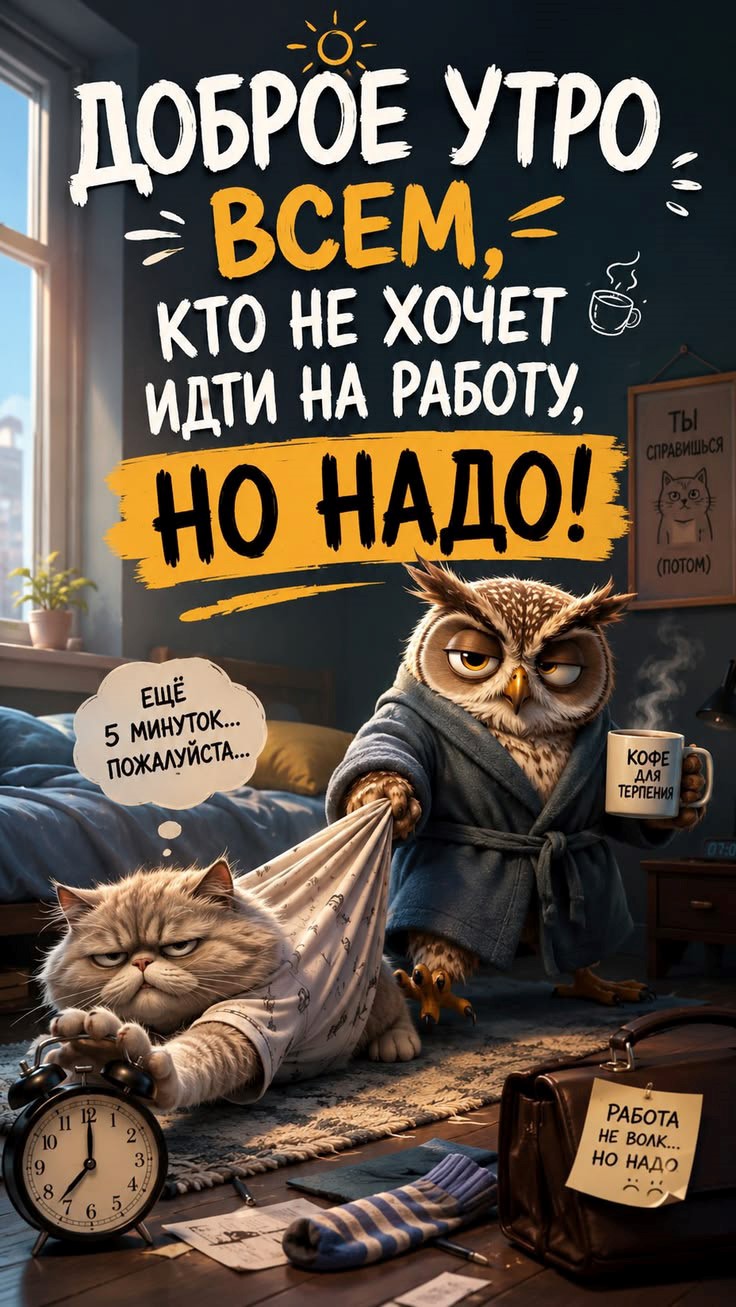 Открытка с совой и котом доброе утро всем