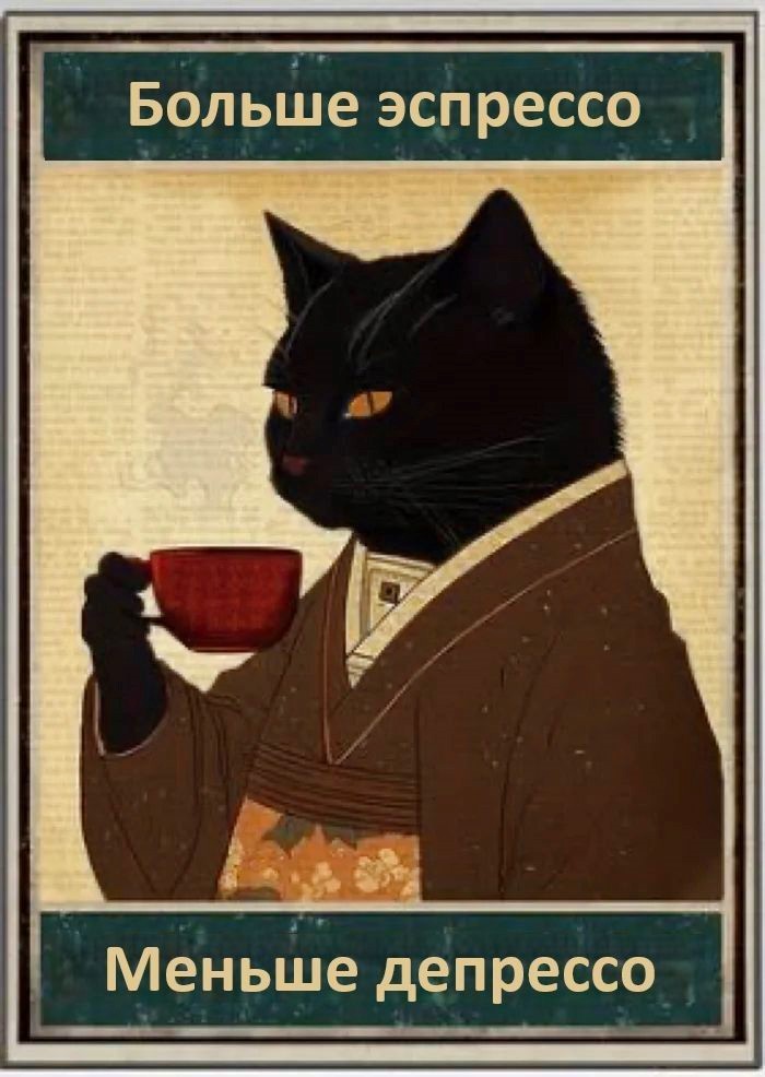 Кот с чашкой кофе