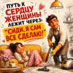 Картинка с женским юмором Мужчины пылесосит женщина на диване