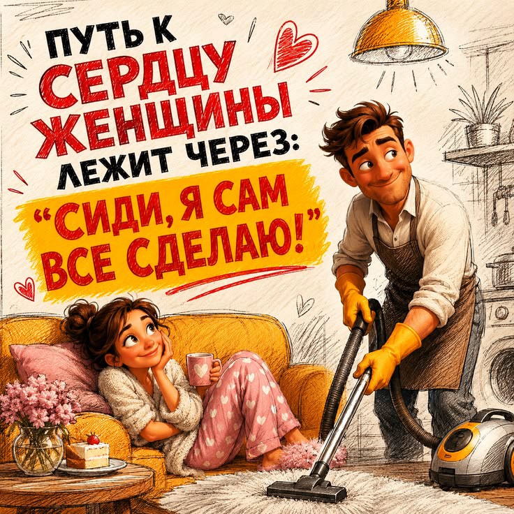 Картинка с женским юмором Мужчины пылесосит женщина на диване