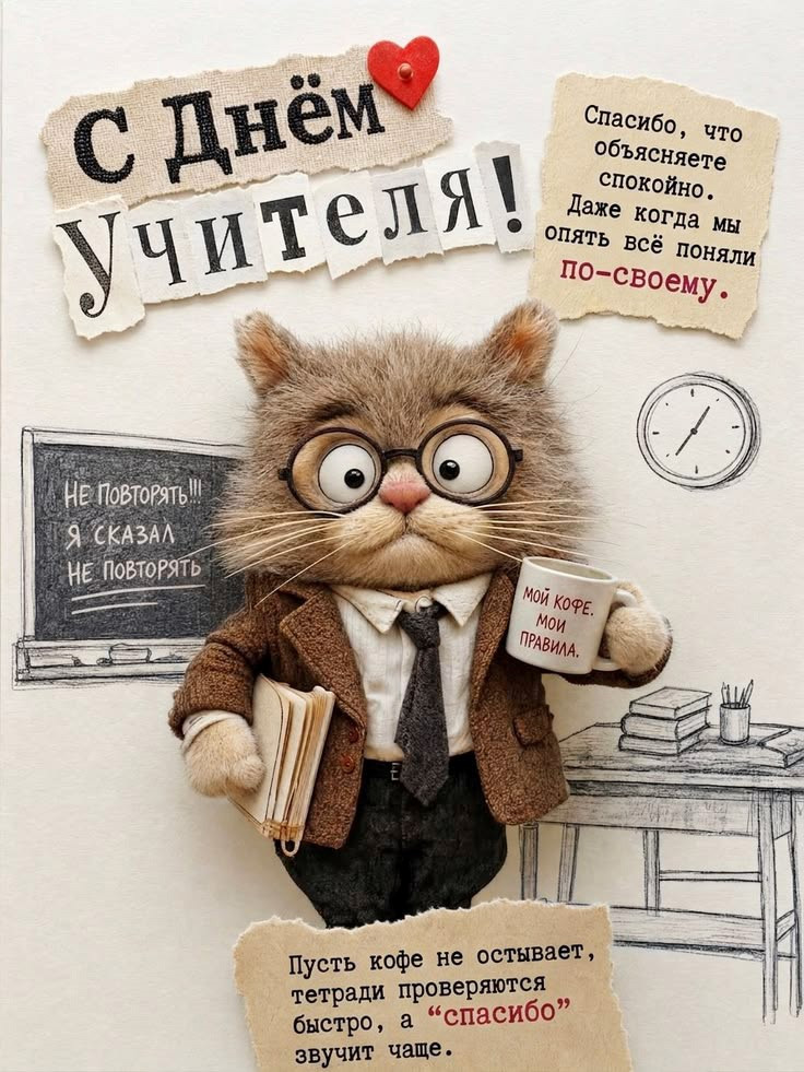 Открытка с Днем учителя с котиком